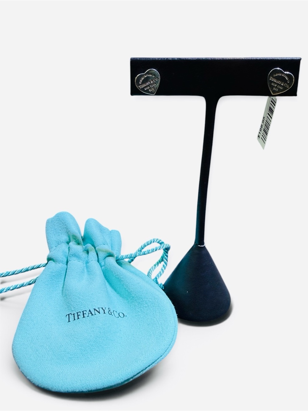 Tiffany & Co. Sterling Silver Heart Stud Earrings with Signature Blue Pouch